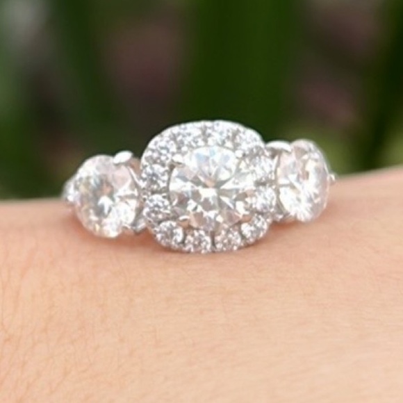 Three Stone Round Cut Moissanite Sterling Silver Wedding Halo Ring 3CT - Picture 4 of 9